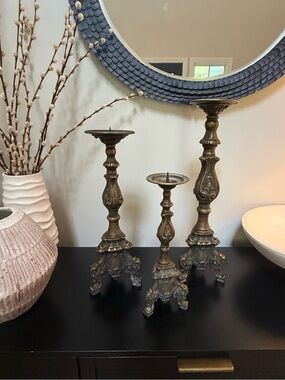 Antique Baroque Brass Alter Candle Holders - Set of 3